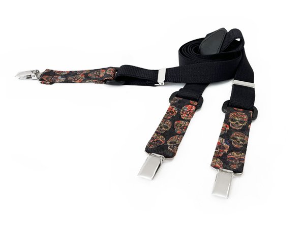 MAY-TIE Suspenders | 100% Cork | Y-Shape | Style: Black Skull