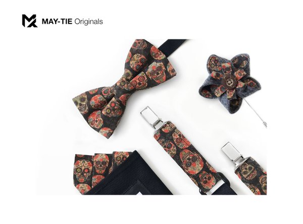 MAY-TIE Hosenträger aus Kork | Iconic Y-Shape | Schwarz | Style: Black Skull