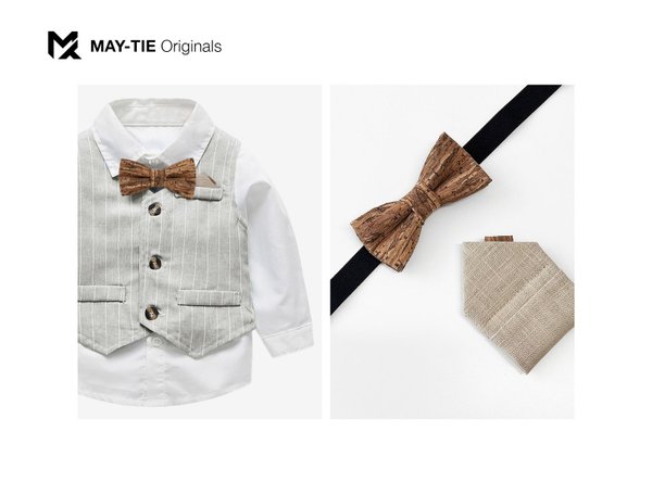 MAY-TIE kids cork bow tie | Set with pocket square | style: Holz Braun, Wood Brown