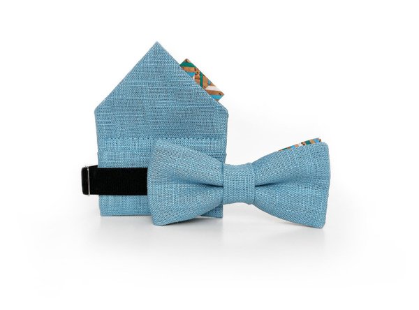 MAY-TIE Xclusive Junior bow tie | Linen and Cork  | Set with pocket square | Aqua Chevron