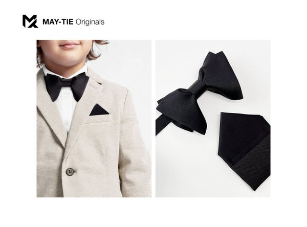 MAY-TIE BlackLine Junior silk bow tie | Set with pocket square | Premium Teardrop