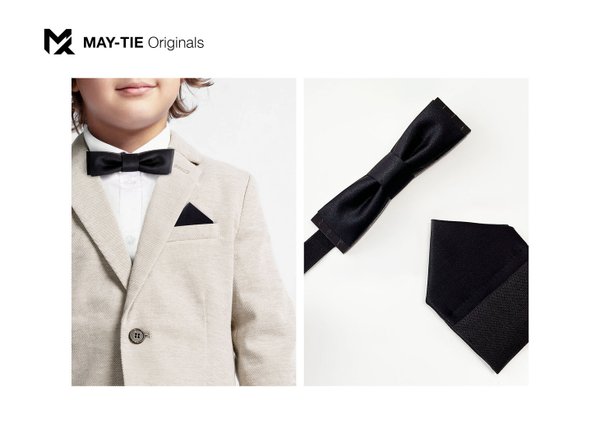 MAY-TIE BlackLine Junior bow tie | silk and wood | Set with pocket square | Wooden Straight End